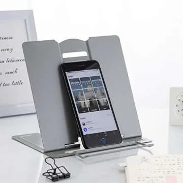 MSDADA Desk Book Stand Metal Reading Rest Book Holder Angle Adjustable Stand Document Holder Portable Sturdy Lightweight Bookstands-Textbooks Tablet Music Books Cook Recipe (Grey)