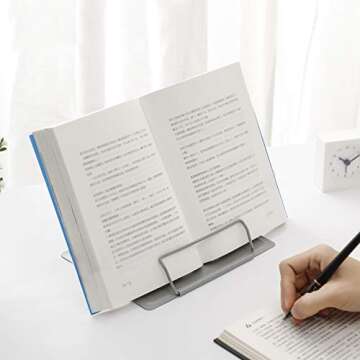 MSDADA Desk Book Stand Metal Reading Rest Book Holder Angle Adjustable Stand Document Holder Portable Sturdy Lightweight Bookstands-Textbooks Tablet Music Books Cook Recipe (Grey)