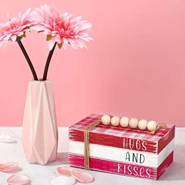 Whaline Valentine's Day Decorations Wooden Tiered Tray Decor Faux Stacked Block Books with Plaid Bundle Hugs and Kisses Sign with Beads for Valentine's Day Farmhouse Rustic Kitchen Home Table Decor