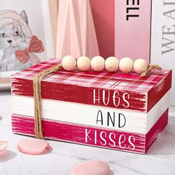 Whaline Valentine's Day Decorations Wooden Tiered Tray Decor Faux Stacked Block Books with Plaid Bundle Hugs and Kisses Sign with Beads for Valentine's Day Farmhouse Rustic Kitchen Home Table Decor