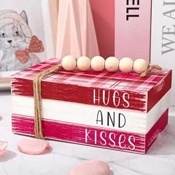Whaline Valentine's Day Decorations Wooden Tiered Tray Decor Faux Stacked Block Books with Plaid Bundle Hugs and Kisses Sign with Beads for Valentine's Day Farmhouse Rustic Kitchen Home Table Decor