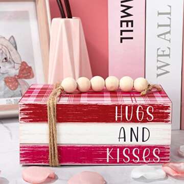 Whaline Valentine's Day Decorations Wooden Tiered Tray Decor Faux Stacked Block Books with Plaid Bundle Hugs and Kisses Sign with Beads for Valentine's Day Farmhouse Rustic Kitchen Home Table Decor