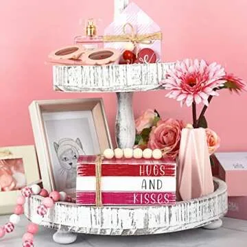 Whaline Valentine's Day Decorations Wooden Tiered Tray Decor Faux Stacked Block Books with Plaid Bundle Hugs and Kisses Sign with Beads for Valentine's Day Farmhouse Rustic Kitchen Home Table Decor