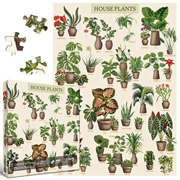 Vintage Houseplant Puzzle 1000 Pieces for Adult, Botany Succulent House Plant Puzzle, 39 Common Indoor Plants Jigsaw Puzzles
