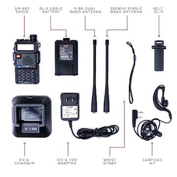 BTECH UV-5X3 Tri-Band Radio: High-Power Amateur Handheld with USB-C Charging - VHF, 1.25M, UHF - Customizable Features - Comprehensive Accessory Bundle Included