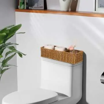 UPINFREE Waterproof Storage Basket for Bathroom: Tan 3 Large Compartments Wicker Basket Organizing Paper Rolls over Tank 1pack