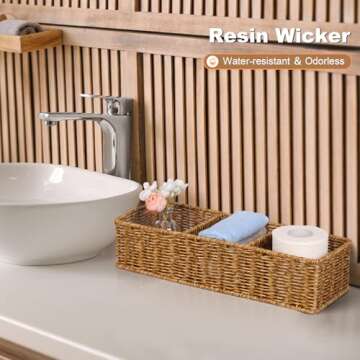 UPINFREE Waterproof Storage Basket for Bathroom: Tan 3 Large Compartments Wicker Basket Organizing Paper Rolls over Tank 1pack