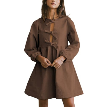 Vimida Womens Fall Dresses Crewneck Long Puff Sleeve Cute Bow Tie Front Ruffle Corduroy Babydoll A-L...