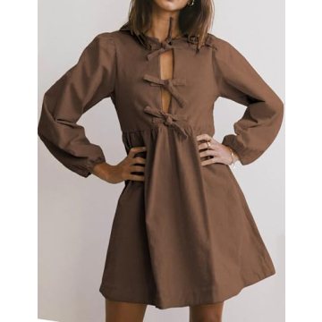 Vimida Womens Fall Dresses Crewneck Long Puff Sleeve Cute Bow Tie Front Ruffle Corduroy Babydoll A-Line Mini Dresss(Darkbrown-M)