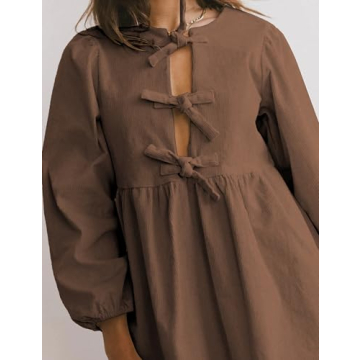 Vimida Womens Fall Dresses Crewneck Long Puff Sleeve Cute Bow Tie Front Ruffle Corduroy Babydoll A-Line Mini Dresss(Darkbrown-M)
