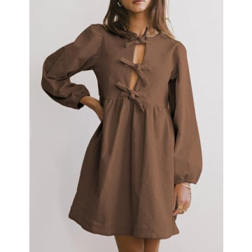 Vimida Womens Fall Dresses Crewneck Long Puff Sleeve Cute Bow Tie Front Ruffle Corduroy Babydoll A-Line Mini Dresss(Darkbrown-M)
