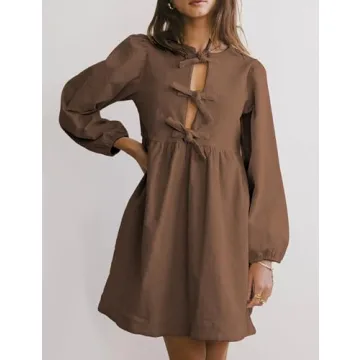 Vimida Womens Fall Dresses Crewneck Long Puff Sleeve Cute Bow Tie Front Ruffle Corduroy Babydoll A-Line Mini Dresss(Darkbrown-M)