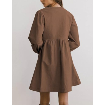Vimida Womens Fall Dresses Crewneck Long Puff Sleeve Cute Bow Tie Front Ruffle Corduroy Babydoll A-Line Mini Dresss(Darkbrown-M)