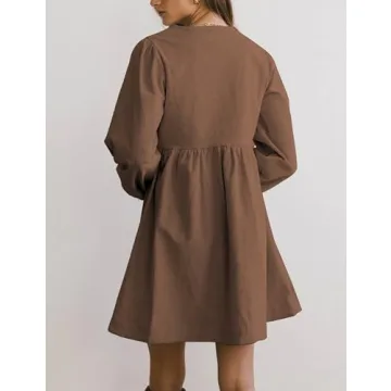 Vimida Womens Fall Dresses Crewneck Long Puff Sleeve Cute Bow Tie Front Ruffle Corduroy Babydoll A-Line Mini Dresss(Darkbrown-M)
