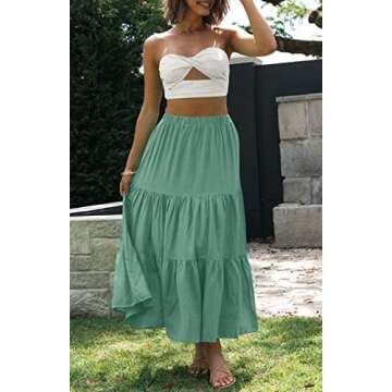 ZCSIA Women's Summer Casual Boho Elastic High Waist Solid Color Pleated A Line Swing Beach Maxi Skir...