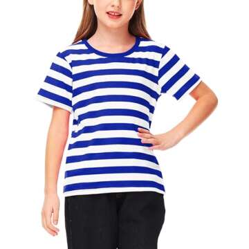 Halloween Boys Sailor Pirate Costume Blue White Striped Shirt Kids Short Sleeve Summer Tee Top 9-10 Years