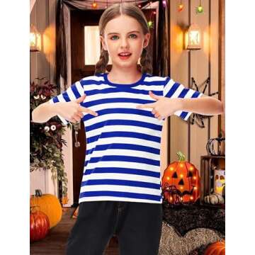 Halloween Boys Sailor Pirate Costume Blue White Striped Shirt Kids Short Sleeve Summer Tee Top 9-10 Years