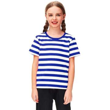 Halloween Boys Sailor Pirate Costume Blue White Striped Shirt Kids Short Sleeve Summer Tee Top 9-10 Years