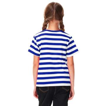 Halloween Boys Sailor Pirate Costume Blue White Striped Shirt Kids Short Sleeve Summer Tee Top 9-10 Years