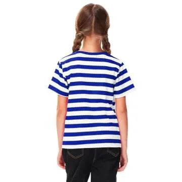 Halloween Boys Sailor Pirate Costume Blue White Striped Shirt Kids Short Sleeve Summer Tee Top 9-10 Years