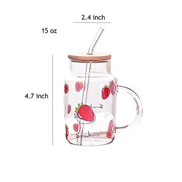 Sizikato Clear Glass Mug with Lid and Straw, 15 Oz Drinking Glass Juice Cup, Cute Strawberry Pattern