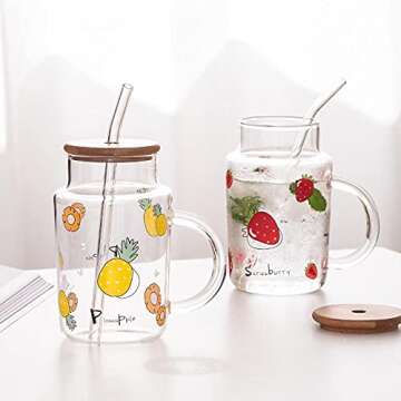 Sizikato Clear Glass Mug with Lid and Straw, 15 Oz Drinking Glass Juice Cup, Cute Strawberry Pattern