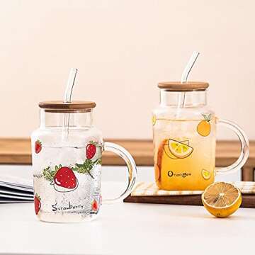 Sizikato Clear Glass Mug with Lid and Straw, 15 Oz Drinking Glass Juice Cup, Cute Strawberry Pattern
