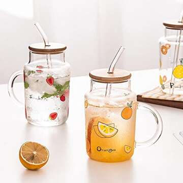 Sizikato Clear Glass Mug with Lid and Straw, 15 Oz Drinking Glass Juice Cup, Cute Strawberry Pattern