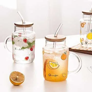 Sizikato Clear Glass Mug with Lid and Straw, 15 Oz Drinking Glass Juice Cup, Cute Strawberry Pattern