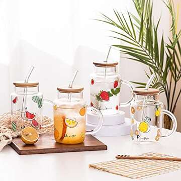 Sizikato Clear Glass Mug with Lid and Straw, 15 Oz Drinking Glass Juice Cup, Cute Strawberry Pattern
