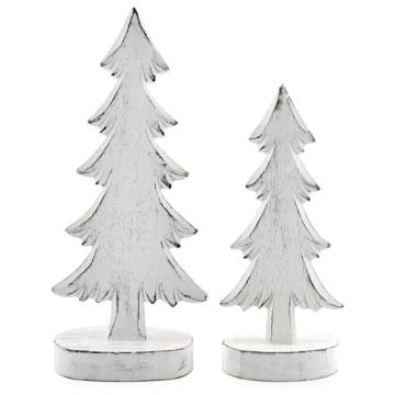 AuldHome Design Wooden Christmas Trees (Set of 2, Distressed White); Tabletop Handmade Mango Wood Tr...