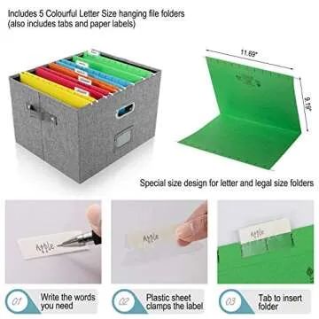 JSungo File Box with 5 Hanging Filing Folders, Document Organizer Storage for Office, Collapsible Linen Storage Box with Lids, Home Portable Storage with Handle, Letter Size Legal Folder, Grey