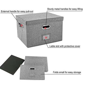 JSungo File Box with 5 Hanging Filing Folders, Document Organizer Storage for Office, Collapsible Linen Storage Box with Lids, Home Portable Storage with Handle, Letter Size Legal Folder, Grey