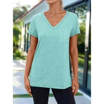 AUTOMET Womens T Shirts Short Sleeve V Neck Tops with Pockets Summer Fashion Trendy Soft Casual Comf...