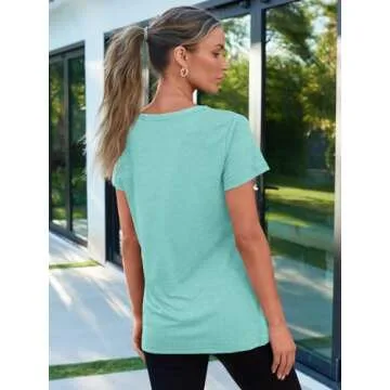 AUTOMET Womens T Shirts Short Sleeve V Neck Tops with Pockets Summer Fashion Trendy Soft Casual Comfy Outfits Clothes 2025 Aqua S