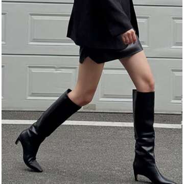 Modatope Knee High Black Boots for Women Kitten Low Heel Square Toe Tall Long High Boots Size 8.5