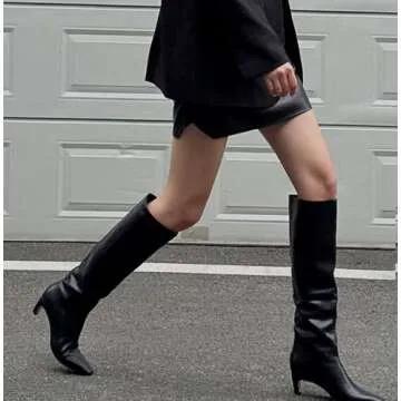 Modatope Knee High Black Boots for Women Kitten Low Heel Square Toe Tall Long High Boots Size 8.5