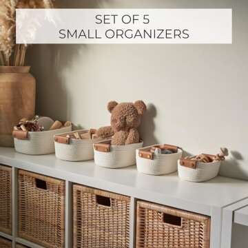 Beautiful Storage Basket Set of 5 - Sturdy Cotton Rope Baskets for Shelves Are Perfect for Organizing Your Home - Quality Storage Bins Easily Fit With Any Nursery or Bedroom Decor