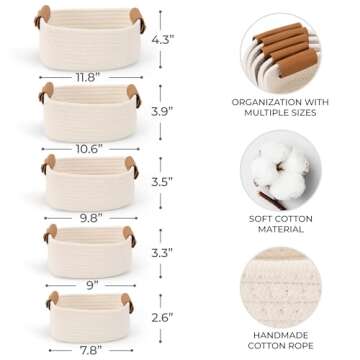 Beautiful Storage Basket Set of 5 - Sturdy Cotton Rope Baskets for Shelves Are Perfect for Organizing Your Home - Quality Storage Bins Easily Fit With Any Nursery or Bedroom Decor