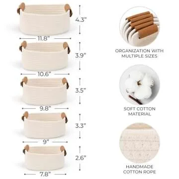 Beautiful Storage Basket Set of 5 - Sturdy Cotton Rope Baskets for Shelves Are Perfect for Organizing Your Home - Quality Storage Bins Easily Fit With Any Nursery or Bedroom Decor