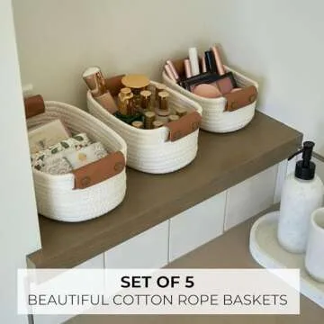 Beautiful Storage Basket Set of 5 - Sturdy Cotton Rope Baskets for Shelves Are Perfect for Organizing Your Home - Quality Storage Bins Easily Fit With Any Nursery or Bedroom Decor