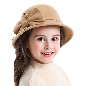 Bienvenu Kids Girls Winter Warm 100% Wool Bucket Hats Fedoras with Bowknot, Camel