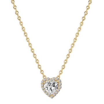 PAVOI 14K Gold Plated Post Faux Diamond Heart Shape Pendant Halo Necklace in Yellow Gold