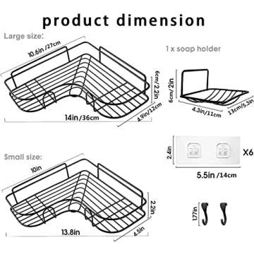 3-Pack Corner Shower Caddies Basket Shelves with Bathroom Soap Dishes, Adhesive Shower Storage Organizer with Hooks for Bathroom, Toilet, and Kitchen, No Drilling Rust Proof Shower Wall Shelf Black