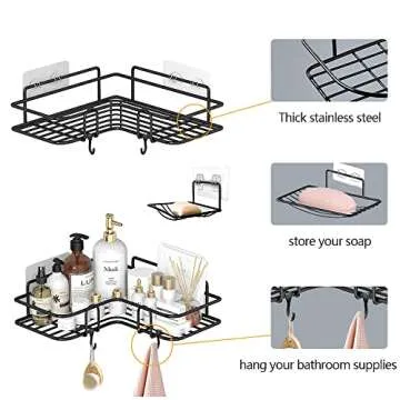 3-Pack Corner Shower Caddies Basket Shelves with Bathroom Soap Dishes, Adhesive Shower Storage Organizer with Hooks for Bathroom, Toilet, and Kitchen, No Drilling Rust Proof Shower Wall Shelf Black