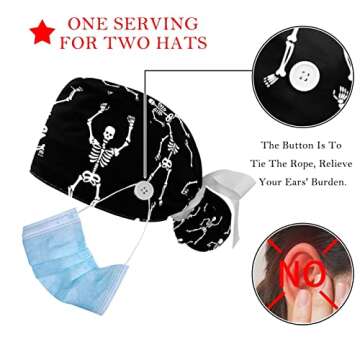 2 Pcs Working Cap with Buttons Sweatband Funny Dancing Skeleton on Black Background Ribbon Tie Back Bouffant Hats