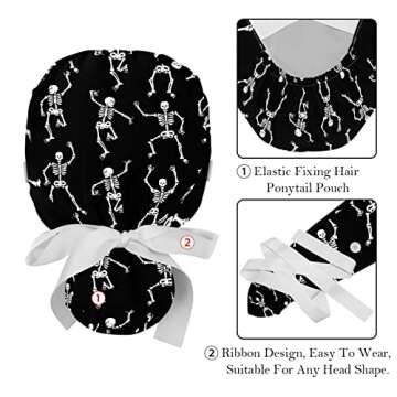 2 Pcs Working Cap with Buttons Sweatband Funny Dancing Skeleton on Black Background Ribbon Tie Back Bouffant Hats