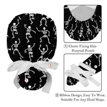 2 Pcs Working Cap with Buttons Sweatband Funny Dancing Skeleton on Black Background Ribbon Tie Back Bouffant Hats