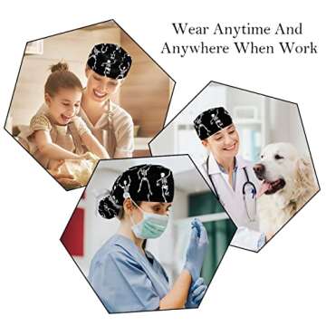 2 Pcs Working Cap with Buttons Sweatband Funny Dancing Skeleton on Black Background Ribbon Tie Back Bouffant Hats