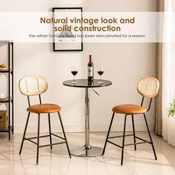 Amadi Counter Stools Rattan Back Dining Chair, Indoor Faux Leather Bar Stools Set of 2, Armless Dining Chairs with Rattan Backrest, Modern Metal Counter Height Barstools for Home Whiskey Brown,24"
